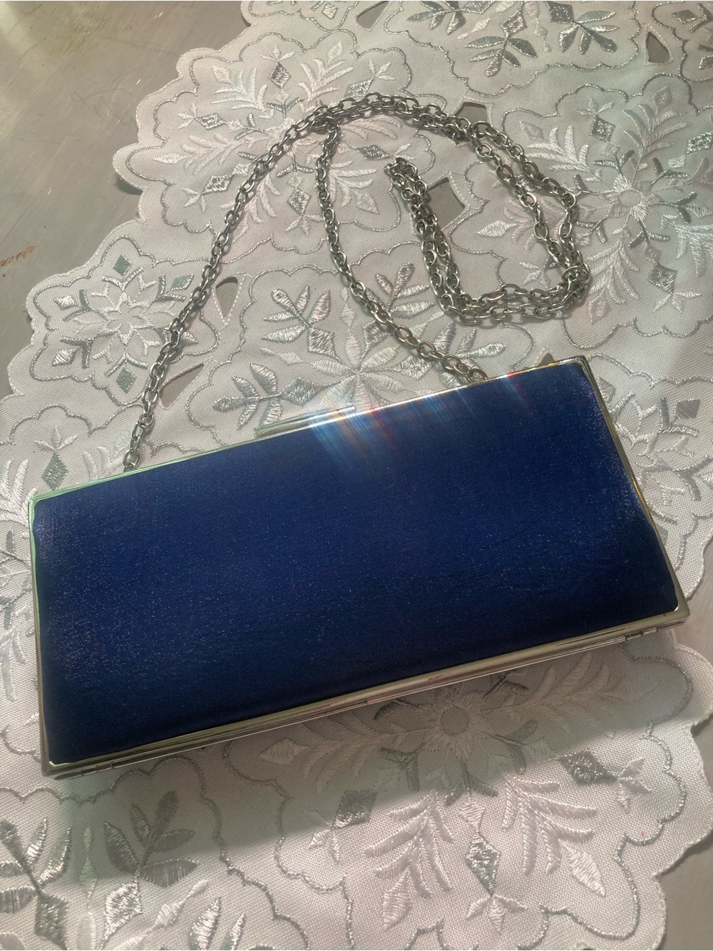 Glint Navy Blue Evening Clutch with Silver Chain